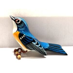 Takahashi Blue Bird Pin Brooch Carved Japanese 2" Long Excellent Condition